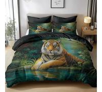 King Bedding Set Wild Animals Tigers Rainforest Breathable Duvet Cover Set, Green Bedding Sets with 2 Pillowcases, Microfiber Quilt Cover with Hidden Zipper