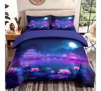 King Bedding Sets 4 Piece - Oriental Cartoon Landscape Bedding Set, Lotus Flower Moon Architecture Fitted Sheet and Pillow cases Soft Microfiber Duvet Cover for Boys & Girls