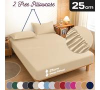 (King, Beige) 3 Piece Fitted Sheet Set Bed Sheets & Pillowcases