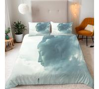 King Buddha Statue Blends With Clouds Mist Bedding Set Ultra-Soft Microfiber Duvet Cover Set 3Pcs-230x220cm+2 Pillowcases 50x75-Philosophical Thinking 3D Printed Design with Zip Closure & Corner Ties
