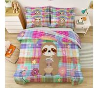 King Cartoon Geometric Duvet Cover, Colourful Soft 100% Microfiber Doughnut Coffee Sloth Cherry Blossom Quilt Cover with Pillowcases and Zipper for Boys Girls Bedroom