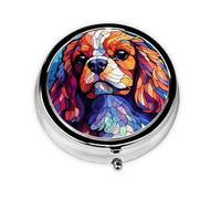 King Charles Cavalier Stained Dog Breed Glass Art Round Box for Pill,3 Compartment Box for Pill Mini Decorative Pocket Purse Travel Medicine Tablet Holder