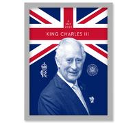 King Charles III Coronation Reigning Under the Union Flag Royal Crest Emblem Artwork Framed Wall Art Print A4 Artery8 Light Grey One Size