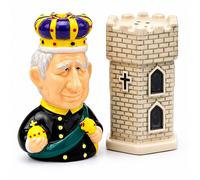 King Charles Royal Salt & Pepper Shaker Set Ceramic Castle Cafe Summer Sale UK