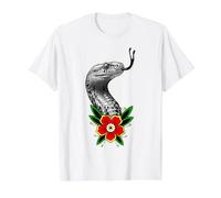 King Cobra Snake Serpent Flower Tattoo Traditional Value Graphic T-Shirt, Men, White, XL