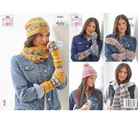 King Cole 4 Ply Knitting Pattern - 6042 Slouch Hat, Snood, Hand Warmers, Hat with Pom Pom, Scarf, Hand Warmers(Short), Hand Warmers (Long)