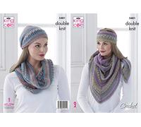 King Cole 5401 Crochet Pattern Womens Shawl Cowl Headband and Hat in Riot DK