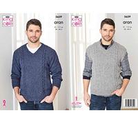 King Cole 5659 Knitting Pattern Mens Easy Cable V Neck Sweater in Forest Aran