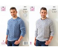 King Cole 5951 Knitting Pattern Mens Round Neck Cable Sweaters in Fashion Aran