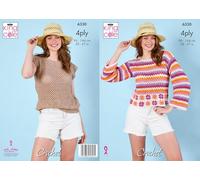 King Cole 6330 Crochet Pattern 4Ply Ladies Plain or Striped Sweater & Top