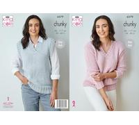 King Cole 6379 Knitting Pattern Ladies Chunky Easy Knit V-Neck Sweater & Top