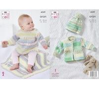 King Cole Aran Baby Aran Knitting Pattern Dress Jacket Hat & Blanket (6049)