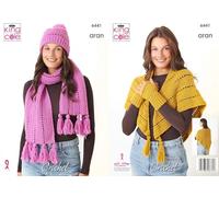 King Cole Aran Crochet Pattern Pamphlet - 6441 Ladies Shawl, Gloves, Hat & Gloves (4 Designs)