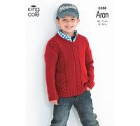 King Cole Aran Knitting Pattern Childrens Boys V Neck or Collared Sweater (3388)