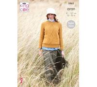 King Cole Aran Knitting Pattern Ladies Cable Knit Round or Polo Neck Sweater (5963)