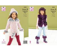 King Cole Aran & Luxury Fur Knitting Pattern Girls Jacket Gilet Boot Toppers Hat & Headband (5444)