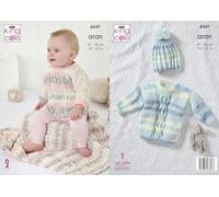 King Cole Baby Aran Knitting Pattern Cable Sweater Top Hat & Blanket (6047)