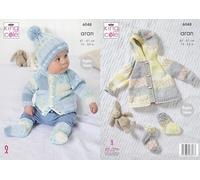 King Cole Baby Aran Knitting Pattern Raglan Sleeve Jacket Coat Hat & Socks (6048), 16'' - 24''