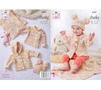 King Cole Chunky Knitting Pattern - 6087 Hooded Jacket, Side Fastening Jacket, Hat, Sweater & Blanket