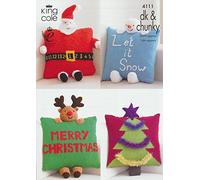 King Cole DK & Chunky Christmas Cushion Knitting Pattern Santa Rudolph Snowman Christmas Tree