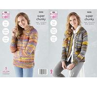 King Cole Knitting Pattern Womens Easy Knit Long Sleeve Round Neck Jumper and Cardigan in Quartz Super Chunky 5636 Multicolor