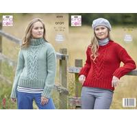 King Cole Ladies Aran Knitting Pattern Womens Round or Polo Neck Sweater (6098)
