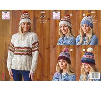 King Cole Ladies Aran Knitting Pattern Womens Sweater & Bobble Hats (5868)