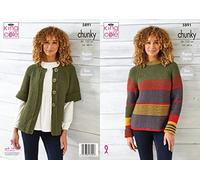 King Cole Ladies Chunky Knitting Pattern Raglan Sleeve Sweater & Cardigan (5891), Multicolor, 34'' - 48''