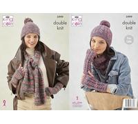 King Cole Ladies DK Knitting Pattern Easy Cable Scarf Hat Wrist Warmers Snood (5999)