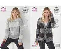 King Cole Ladies Super Chunky Knitting Pattern Easy Knit Striped Sweater & Cardigan (5667)