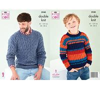 King Cole Mens & Boys DK Knitting Pattern Cable Knit Striped or Plain Sweater (5940), Multi, 24'' - 46''
