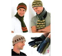 King Cole Mens DK Chunky Knitting Pattern Ribbed & Striped Hats, Scarves & Gloves - 3296