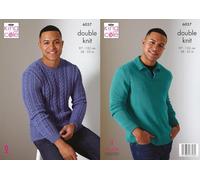 King Cole Mens DK Knitting Pattern Cable Knit Round Neck or Collar Sweater (6037)