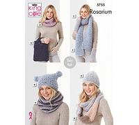 King Cole Rosarium Mega Chunky Knitting Pattern 5755 - Headwear, Scarves, Wrist Warmers, Bags Pattern - One Size
