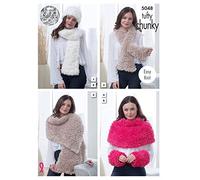 King Cole Tufty Chunky Knitting Pattern Womens Easy Knit Scarf Wrap Cover Hat & Wrist Warmers (5048)