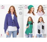 King Cole Yummy Knitting Pattern Pamphlet - 6396 Ladies Scarves, Cowl, Shrug Wrap & Hat (5 Designs) Easy Knit