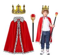King Costume Children, Prince Cape Children's Boy King Cape Royal Coat with Crown and Scepter Royal Velvet Cape Coronation Cape for Halloween, Christmas, Role Play, 90 cm for Children from 90 - 135 cm