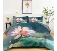 King Coverless Duvet 220 x 240 cm, Ink Wash Lotus Rain SceneCoverless Quilt Comforter with Pillowcase - Hypoallergenic Reversible Bedding All Season Quilt Girls Boys - Machine Washable - Light Green