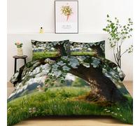 King Coverless Duvet - Plant Apple Blossom Spring Grassland Coverless Quilt Comforter with 2 Pillowcase - Reversible Design - Hypoallergenic Soft Warm Comfy Washable Bedding - Light Green 220 x 240cm