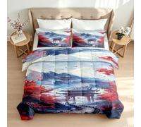 King Coverless Duvet Set Japanese Architecture 3D Reversible Bed Duvets Sets Maple Leaves Nature All-Season Quilt Machine Wash Bedding Soft Warm Breathable Bedding and 2 Pillowcases 2y691