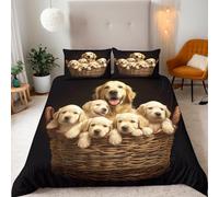King Cute Golden Retriever Bedding Set Ultra-Soft Microfiber Duvet Cover Set 3Pcs - 230x220cm + 2 Pillowcases 50x75cm - Pet Puppy 3D Printed Design with Zip Closure & Corner Ties