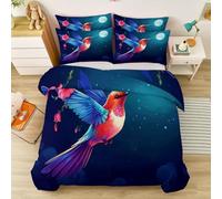 King Dark Blue Duvet Cover Sets, Soft Reversible Beautiful Flowers Moon Birds Printed Bedding Double Bed Set, Brushed Microfibre Quilt Covers with Zipper Closure, 230 x 220 cm