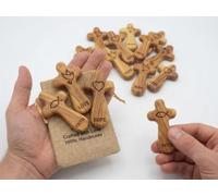 King David Market Mini Olive Wood Pocket Cross, Faith Hope Love, Set of 3 | Genuine Bethlehem olive wood, hand carved in the Holy Land. One each: Faith fish, Hope dove, Love heart. 2.8 inch mini cross.