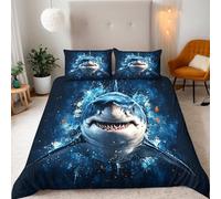 King Deep Sea Shark, Sharp Fangs-A Bedding Set Ultra-Soft Microfiber Duvet Cover Set 3Pcs - 230x220cm + 2 Pillowcases 50x75cm-Marine Art Style 3D Printed Design with Zip Closure & Corner Ties