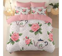 King Double Duvet Cover Sets, Reversible Retro Coffee Table Flowers Roses pattern Bedding Bed Set, Color Soft Warm Brushed Microfiber Quilt Covers, 230 x 220 cm for autumn and winter