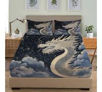 King Double Fitted Sheet Set 60x80 inch Deep Pocket 30 cm Soft Microfibre Starry Sky Dragon Pattern Bedding Sets, Art Painting Fitted Sheet Resistant Shrink & Fade Easy Care with 2 Pillowcases