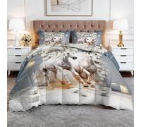 king Duvet - Bedding Set Coverless with 2 Pillowcase - Reversible Printed Duvet with White Horse Broken Wall 3D Pattern - Summer Lightweight and Washable Animal Duvet 230x220 cm