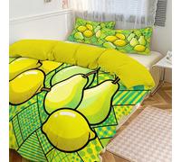 King Duvet Cover 3-Piece, Green Pop Art Style Fruits Bedding Set, Soft Microfiber, Wrinkle-Resistant Fun Lemons And Pears Duvet Cover With Zipper Pillowcase, King 230X220Cm
