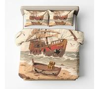 King Duvet Cover Pirate Ship Bedding Set 3 Piece, 2 Pillow Cases, Kids Teens Pattern, Bedroom Decor Reversible Quilt Cover with Zip, Ultra Soft Microfiber S&1222