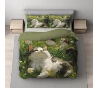 King Duvet Cover Set 230 x 220 cm, Soft Reversible Microfibre Bedding Set, Hidden Zip Closure, Wrinkle & Fade Resistant, Breathable, Easy Care, Green, Cat Grass Sunlight